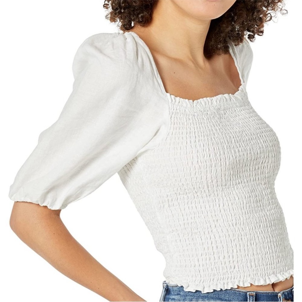 NWT Faherty Frankie Linen Smocked puffed sleeve top Sz Small